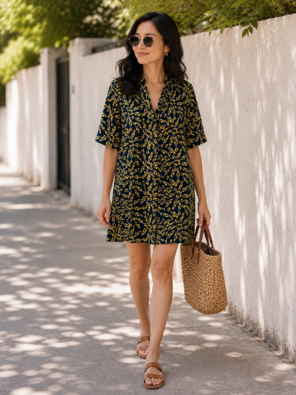 Tucker Silk Tunic Dress Navy Yellow Coastal Vacation Spring Travel Weekends
